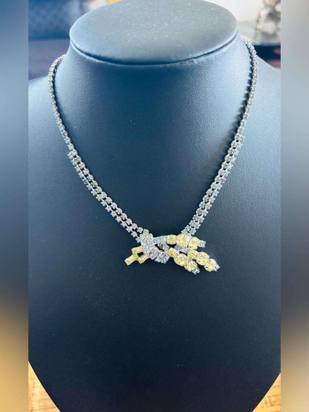 Vintage Necklace
 Blue and Yellow Rhinestones